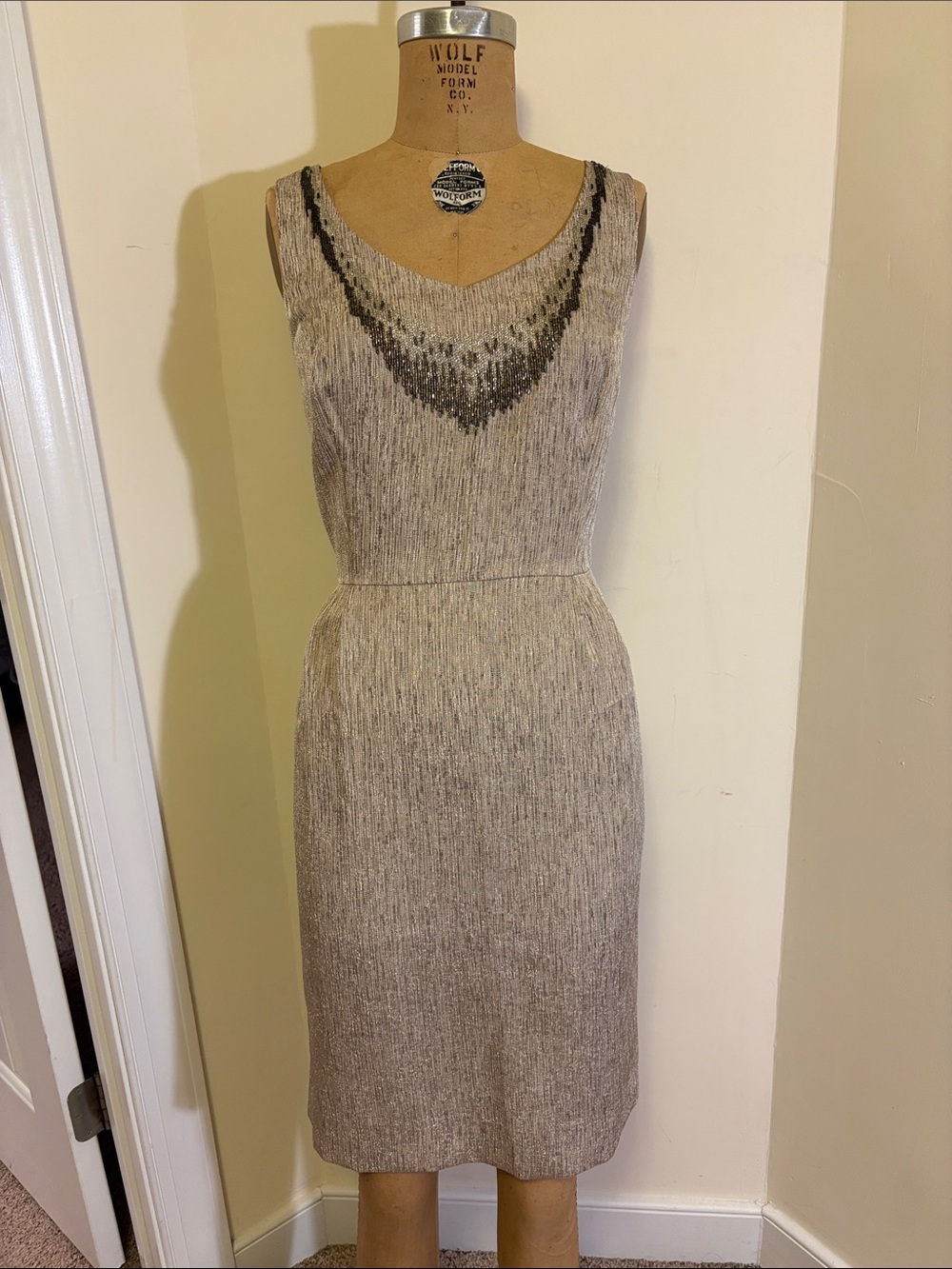 Tahari Sleeveless Gold Sheath Dress with Beaded V-Neck